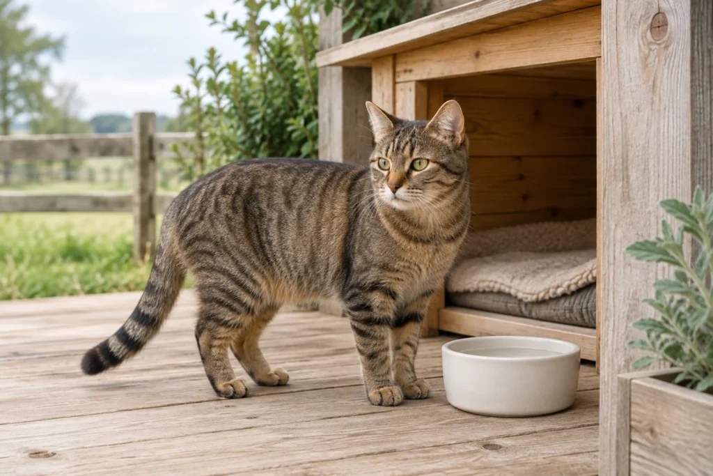 Un chat tigré brun se tient sur une véranda en bois, à côté d’une gamelle d’eau et d’un endroit abrité avec une couverture.