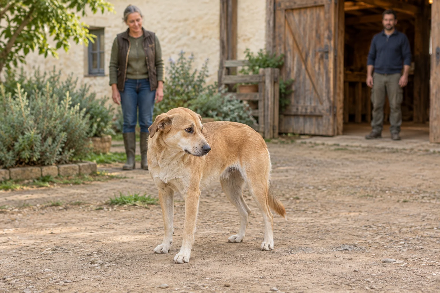 Un chien marron clair se tient dans une cour, la tête tournée sur le côté. Deux personnes se tiennent à distance, près d’une grange.