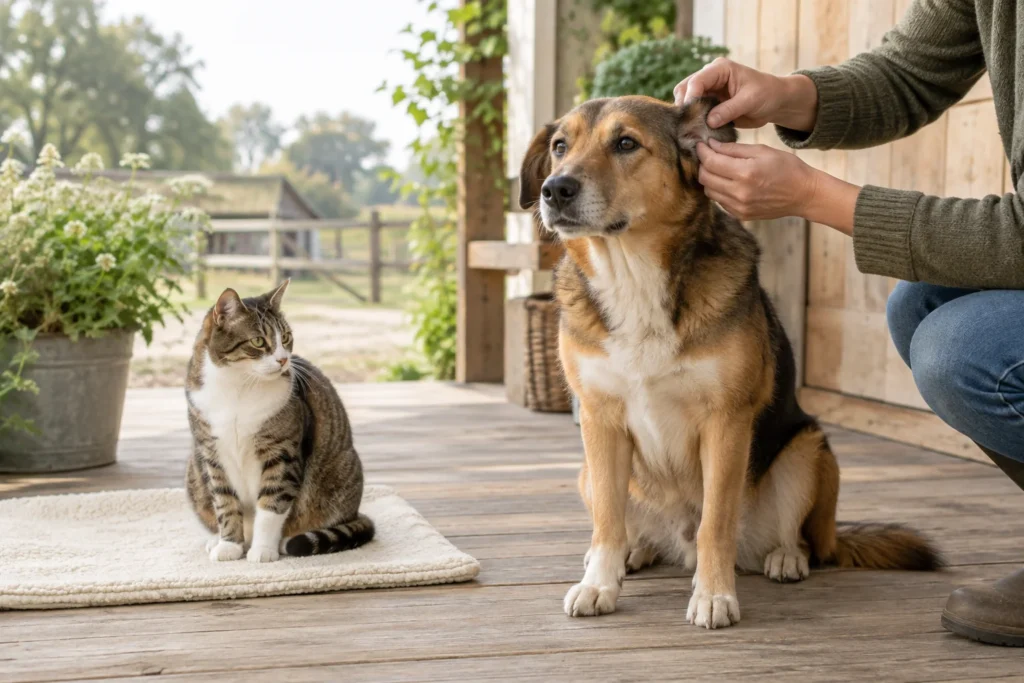 Une personne regarde derrière l'oreille d'un chien assis, tandis qu'un chat est assis à côté, sur un tapis clair, sur une véranda en bois.