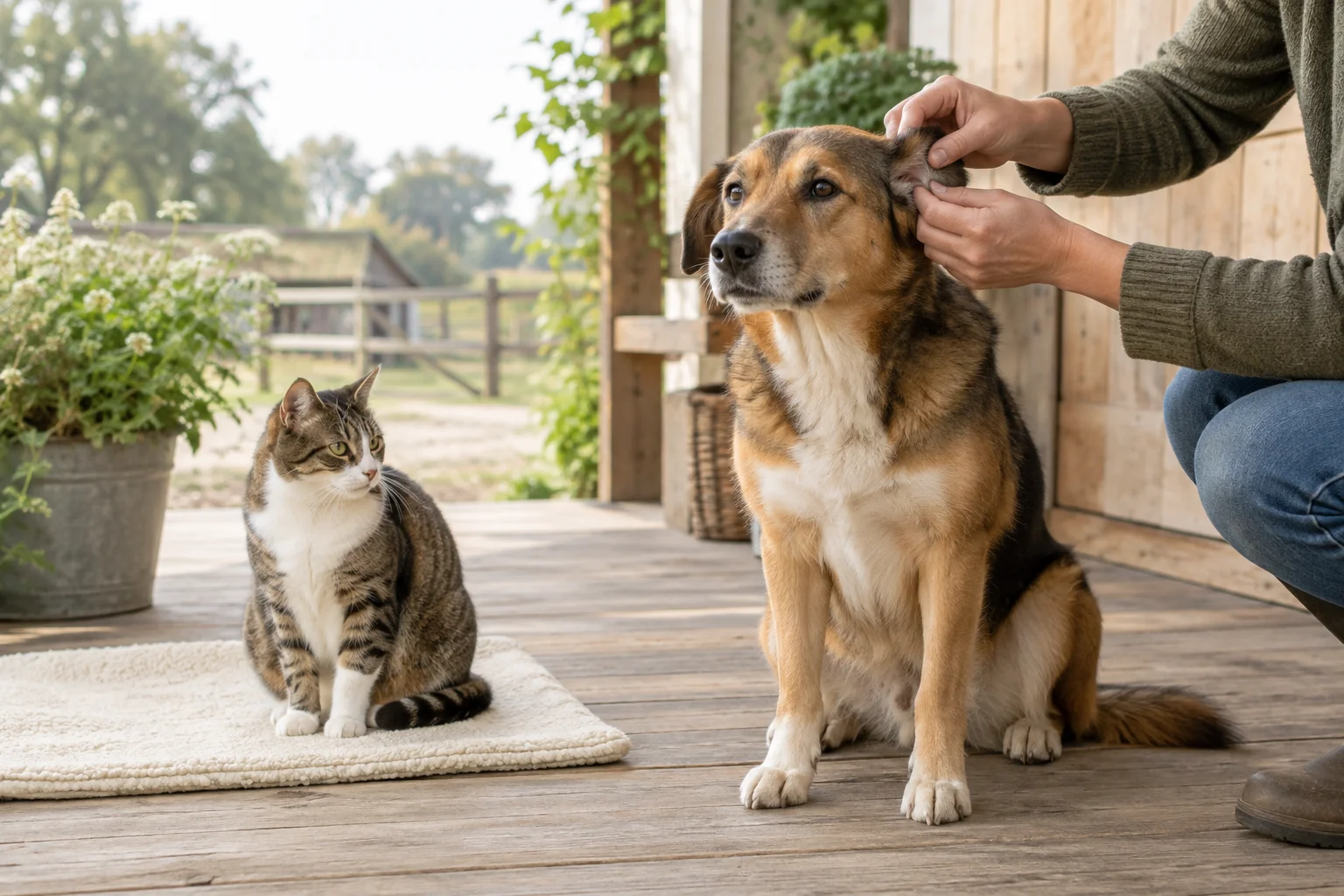 Une personne regarde derrière l'oreille d'un chien assis, tandis qu'un chat est assis à côté, sur un tapis clair, sur une véranda en bois.