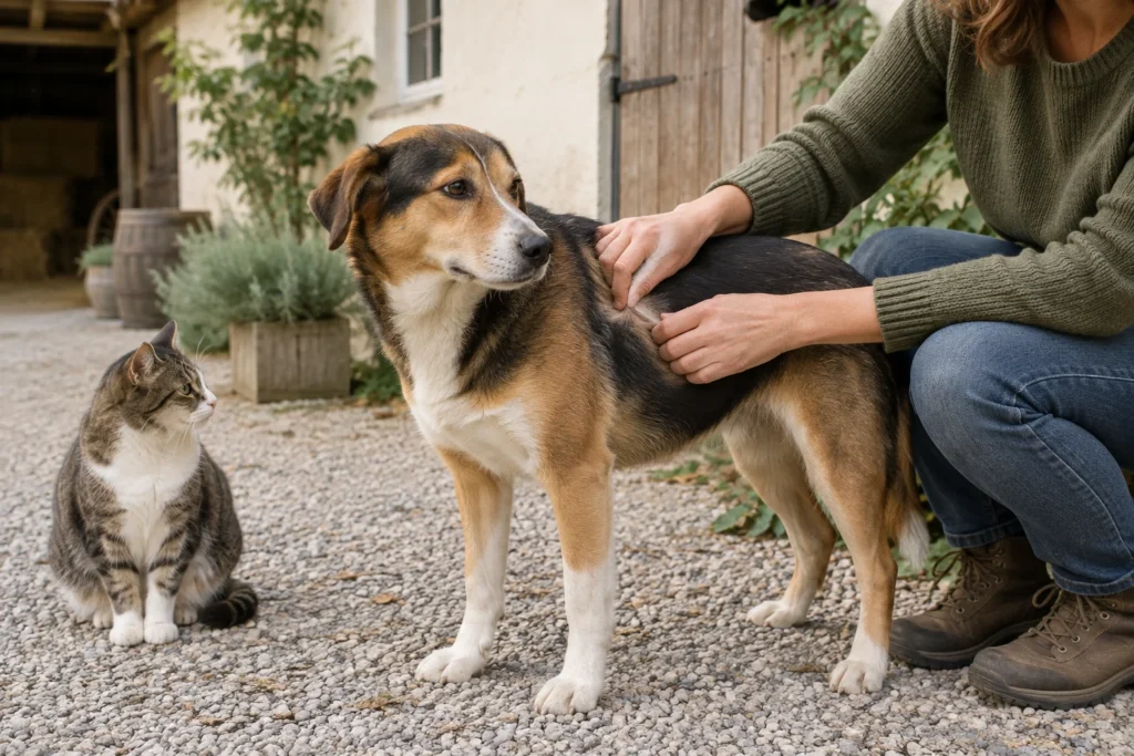 Une personne examine le pelage d’un chien à la ferme, tandis qu’un chat est assis à côté.