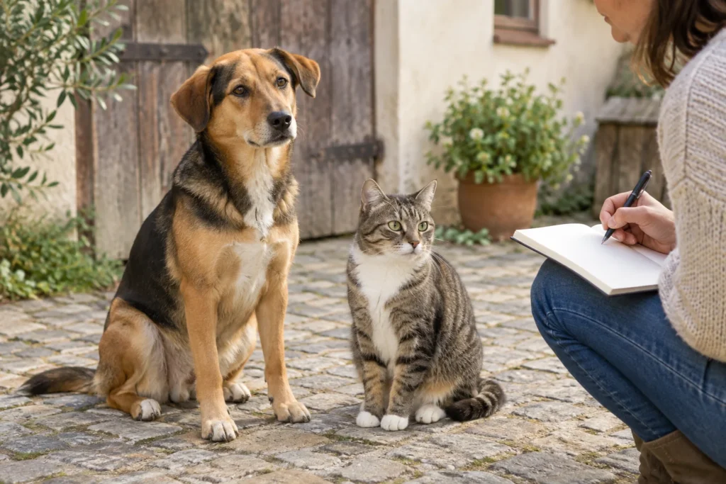 Un chien et un chat se trouvent dans la cour d’une exploitation, à côté d’une personne tenant un carnet.