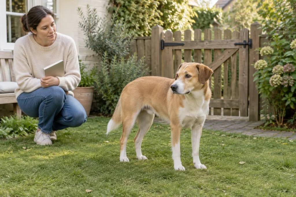 Un chien brun et blanc se tient dans un jardin près d’un portail en bois fermé. Une femme regarde le chien et tient un carnet fermé.