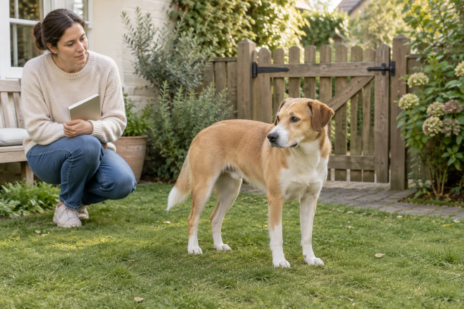 Un chien brun et blanc se tient dans un jardin près d’un portail en bois fermé. Une femme regarde le chien et tient un carnet fermé.