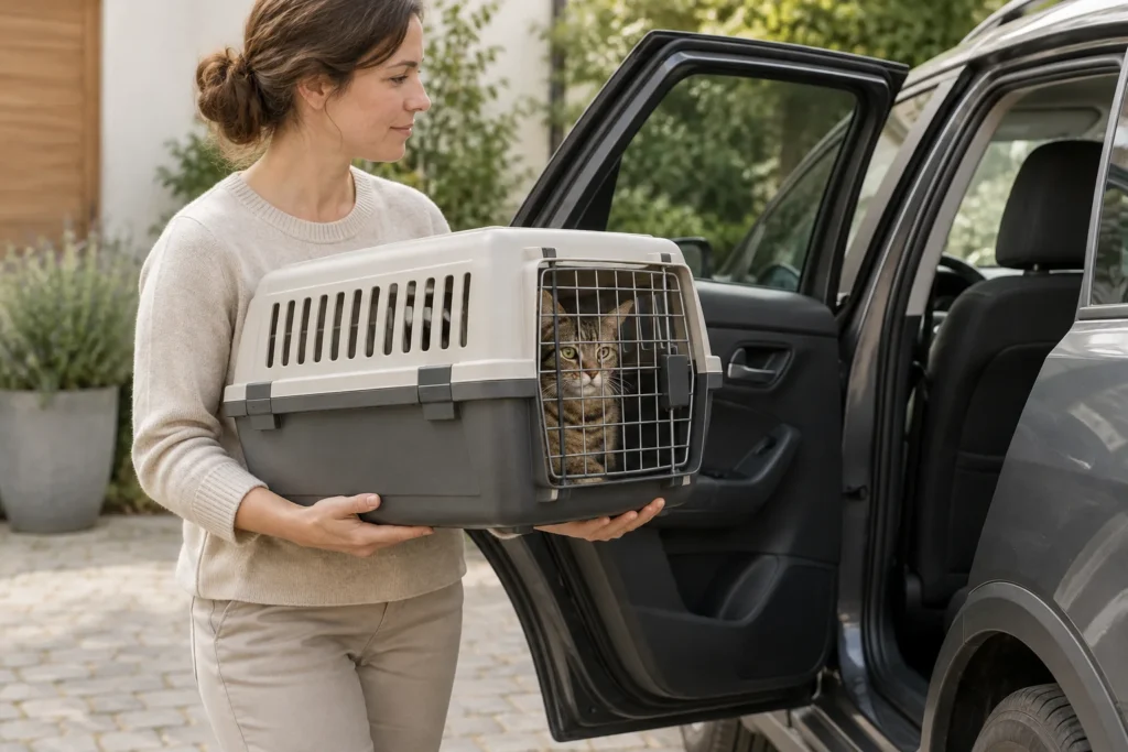 Une femme porte à deux mains une caisse de transport fermée contenant un chat vers une voiture dont la portière arrière est ouverte.