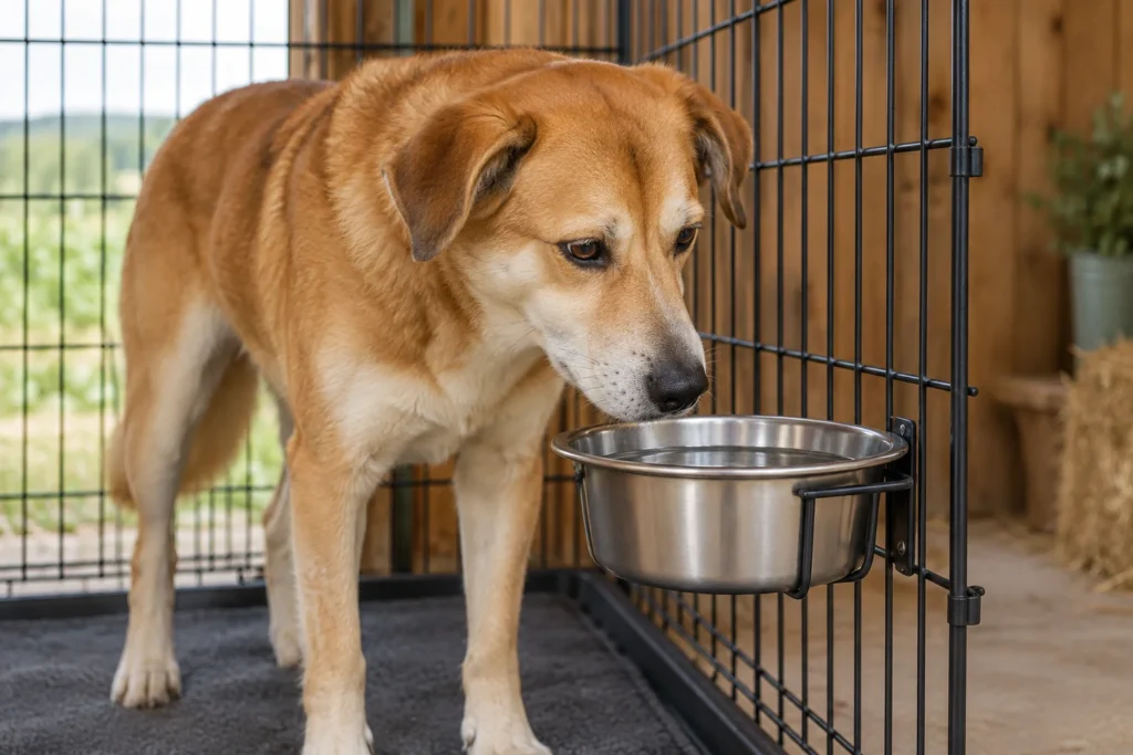 Chien brun dans une cage métallique, près d’une gamelle d’eau suspendue aux barreaux dans un support.