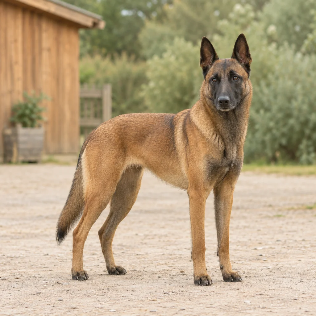 Un chien à poil court et à robe fauve, avec un masque foncé et des oreilles dressées, se tient dans une cour de ferme, ses quatre pattes visibles.