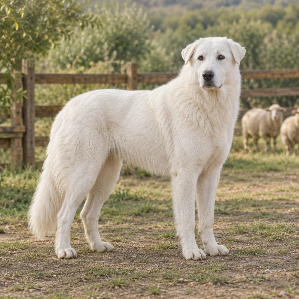Illustration d’un chien de berger blanc des Abruzzes et de la Maremme près d’une clôture, avec des moutons au fond de l’image.