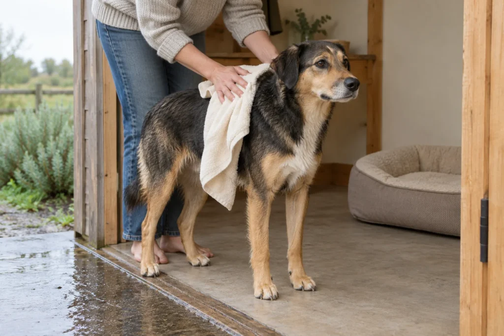 Une personne sèche un chien avec une serviette près d’une porte ouverte. Dehors, le sol est mouillé.