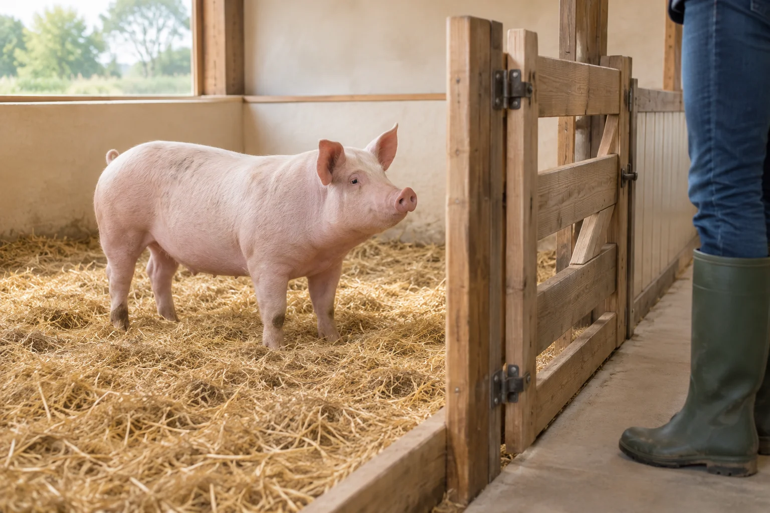 Porc rose sur de la paille derrière une barrière en bois fermée, avec une personne en bottes de l’autre côté.