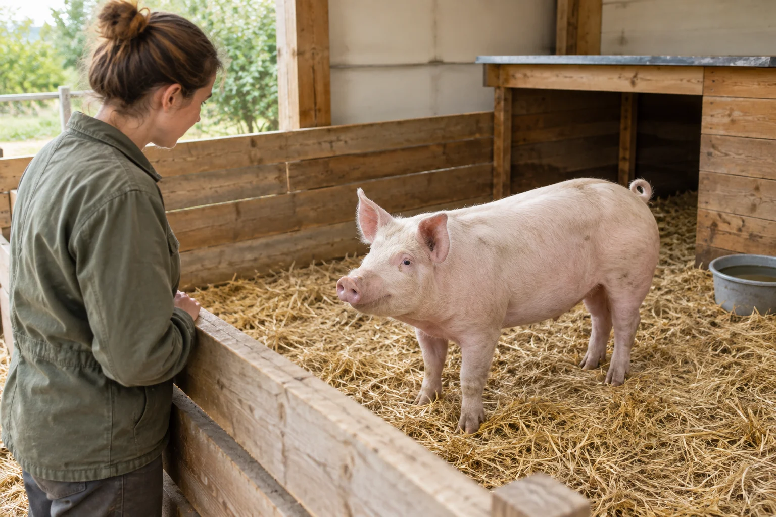 Une personne observe un porc rose dans un enclos en bois avec de la paille et un bac à eau.