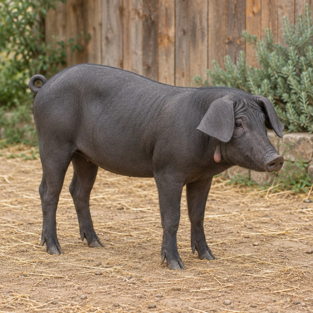 Porc gris foncé aux oreilles tombantes, avec une pendeloque visible sous la gorge et une queue enroulée, debout sur de la terre et de la paille devant une paroi en bois.