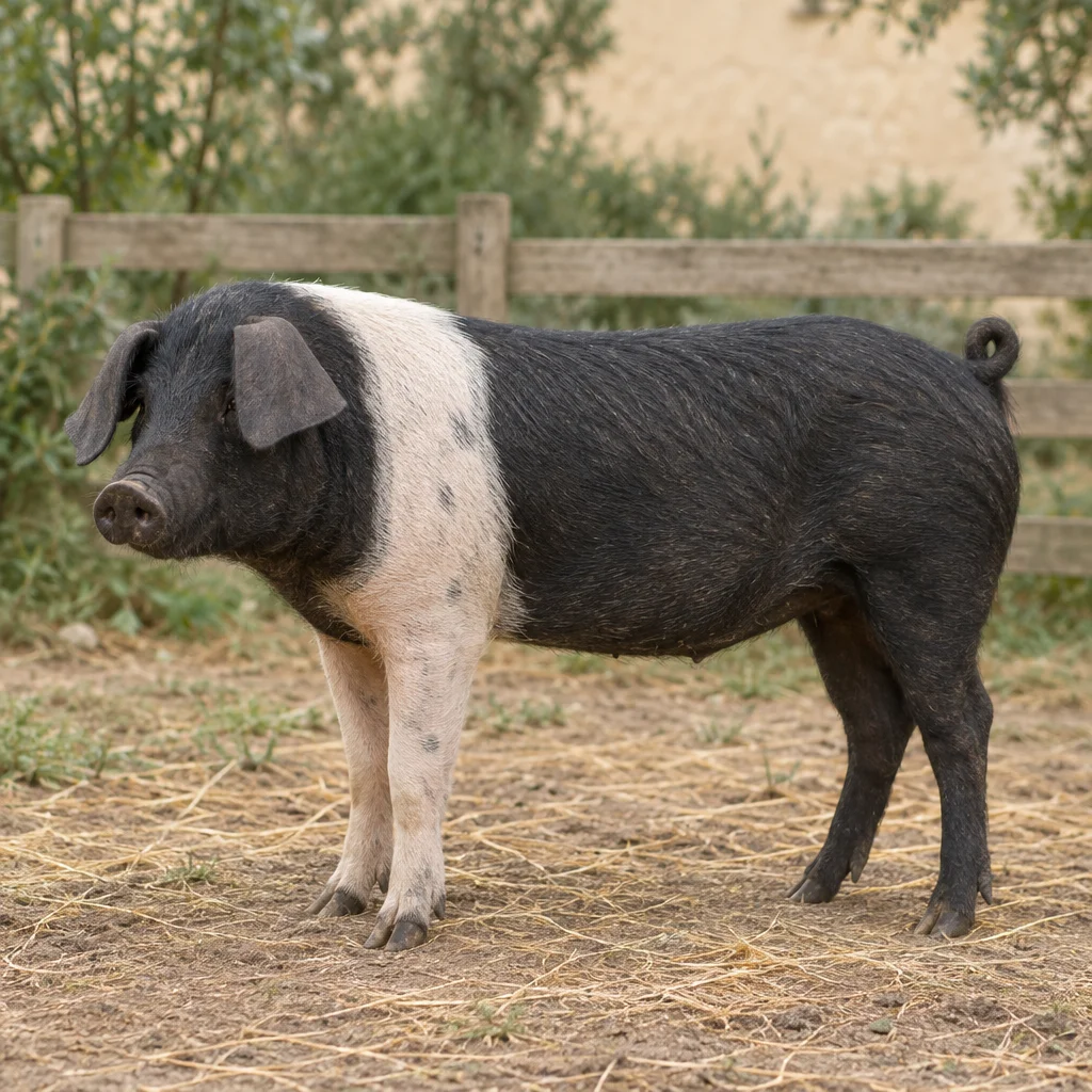 Porc noir avec une bande claire sur les épaules et les pattes avant, debout dans une cour devant une clôture en bois.
