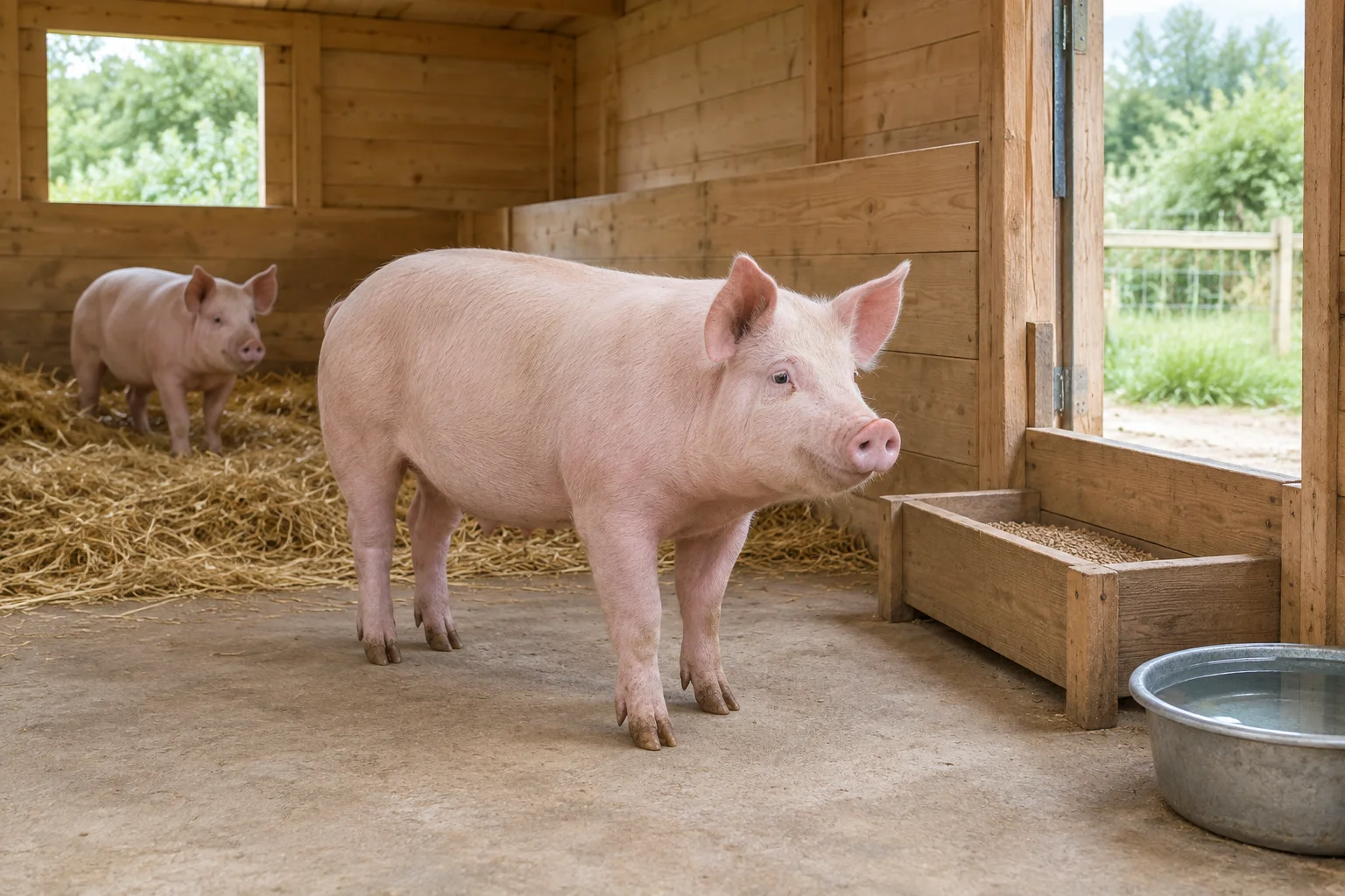 Deux porcs roses dans un bâtiment en bois, avec de la paille, une mangeoire et un abreuvoir.