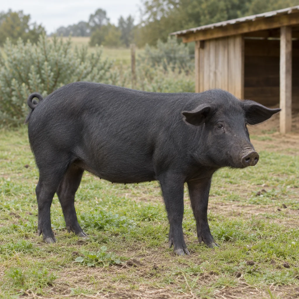 Illustration d’un porc noir aux grandes oreilles dans une prairie, près d’un abri en bois.