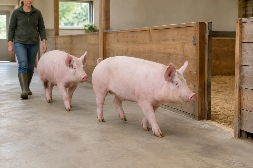 Deux porcs roses marchent dans un couloir d’étable, le long d’un enclos en bois ouvert, suivis par une personne qui s’en occupe.