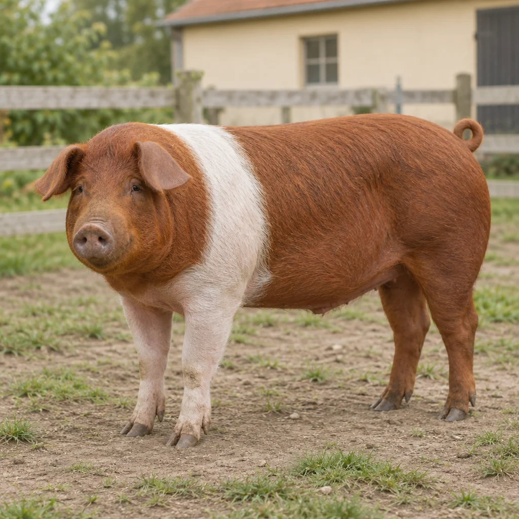 Un porc rouge avec une large bande blanche sur les épaules se tient dans un enclos extérieur, ses quatre pattes visibles.