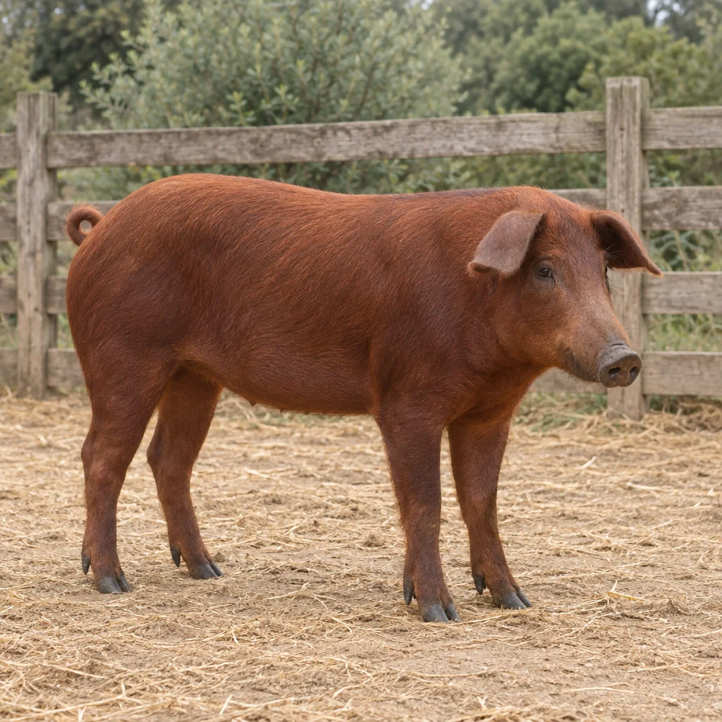 Illustration d’un porc brun roux présentant des caractéristiques de la race ibérique dans un espace extérieur clôturé.