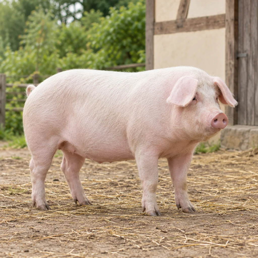 Grand porc rose clair aux soies blanches et aux oreilles tombantes, debout dans une cour couverte de paille, avec ses quatre pattes visibles.