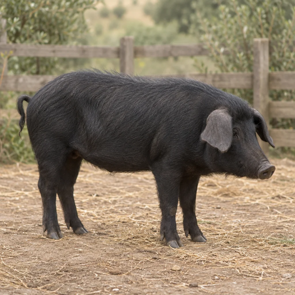 Un porc noir aux oreilles tombantes apparaît en entier dans une cour couverte de paille, devant une clôture en bois.