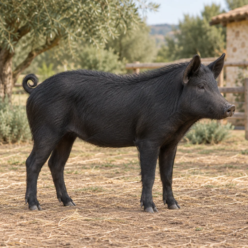 Illustration d’un porc noir aux oreilles dressées, avec des soies hérissées le long du dos, dans un espace extérieur clôturé.