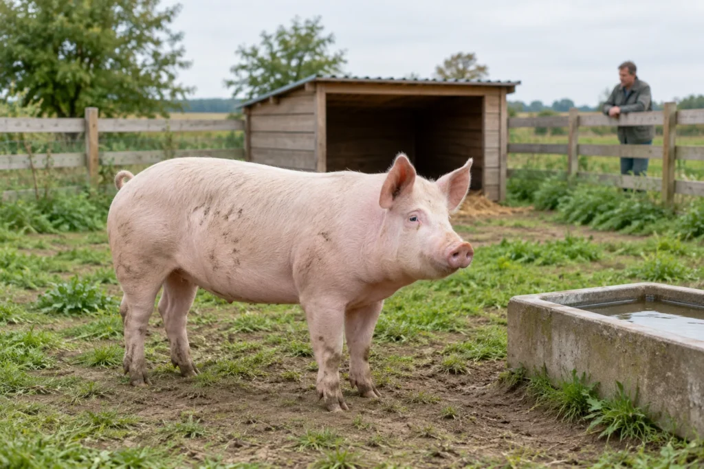 Un porc rose clair dans un parcours extérieur verdoyant, près d’un bac à eau et d’un abri en bois, avec une clôture et une personne au fond de l’image.