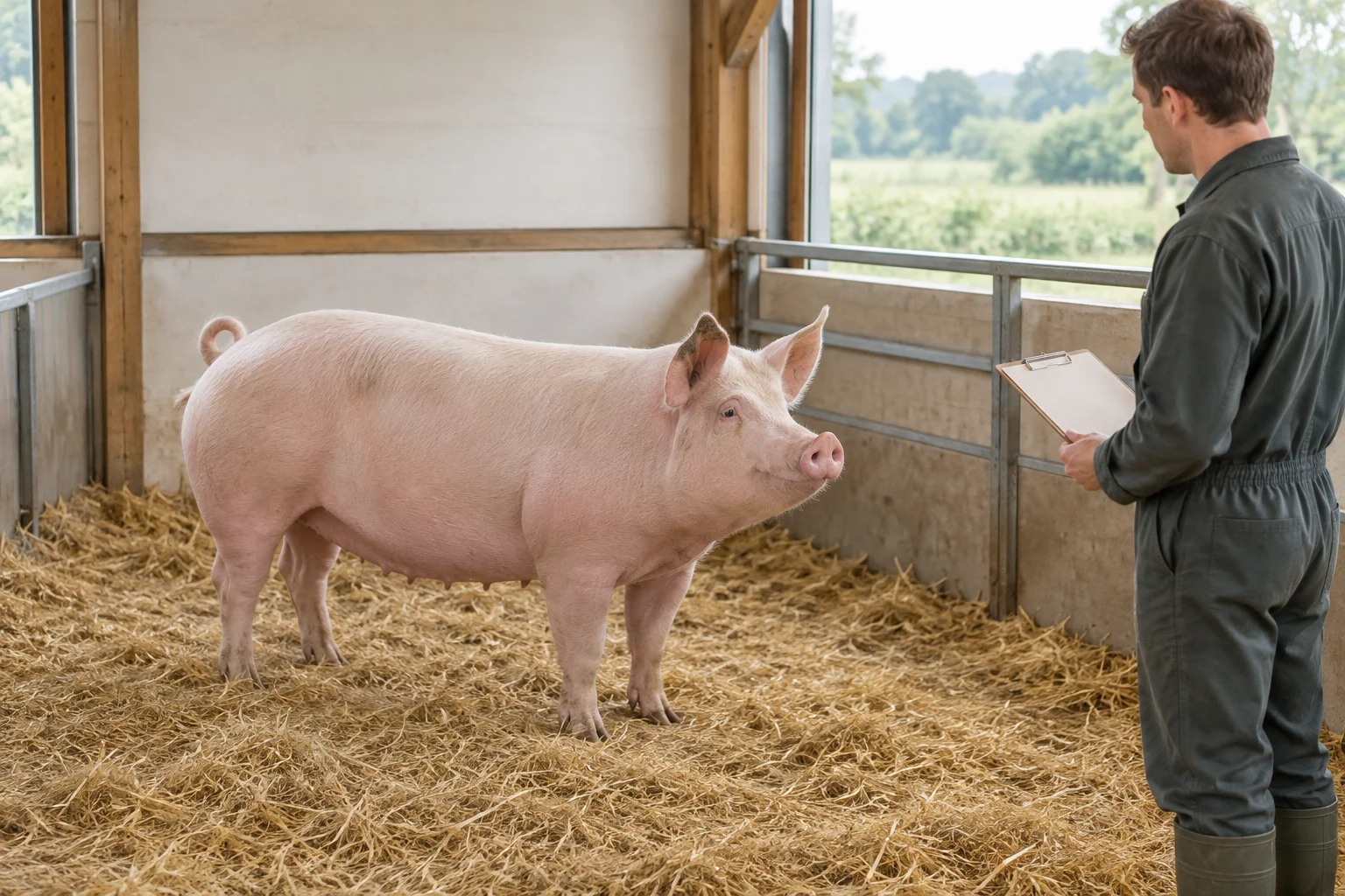 Porc adulte rose dans une étable avec de la paille, tandis qu’un éleveur, à côté de l’enclos, regarde l’animal avec un porte bloc vierge à la main.