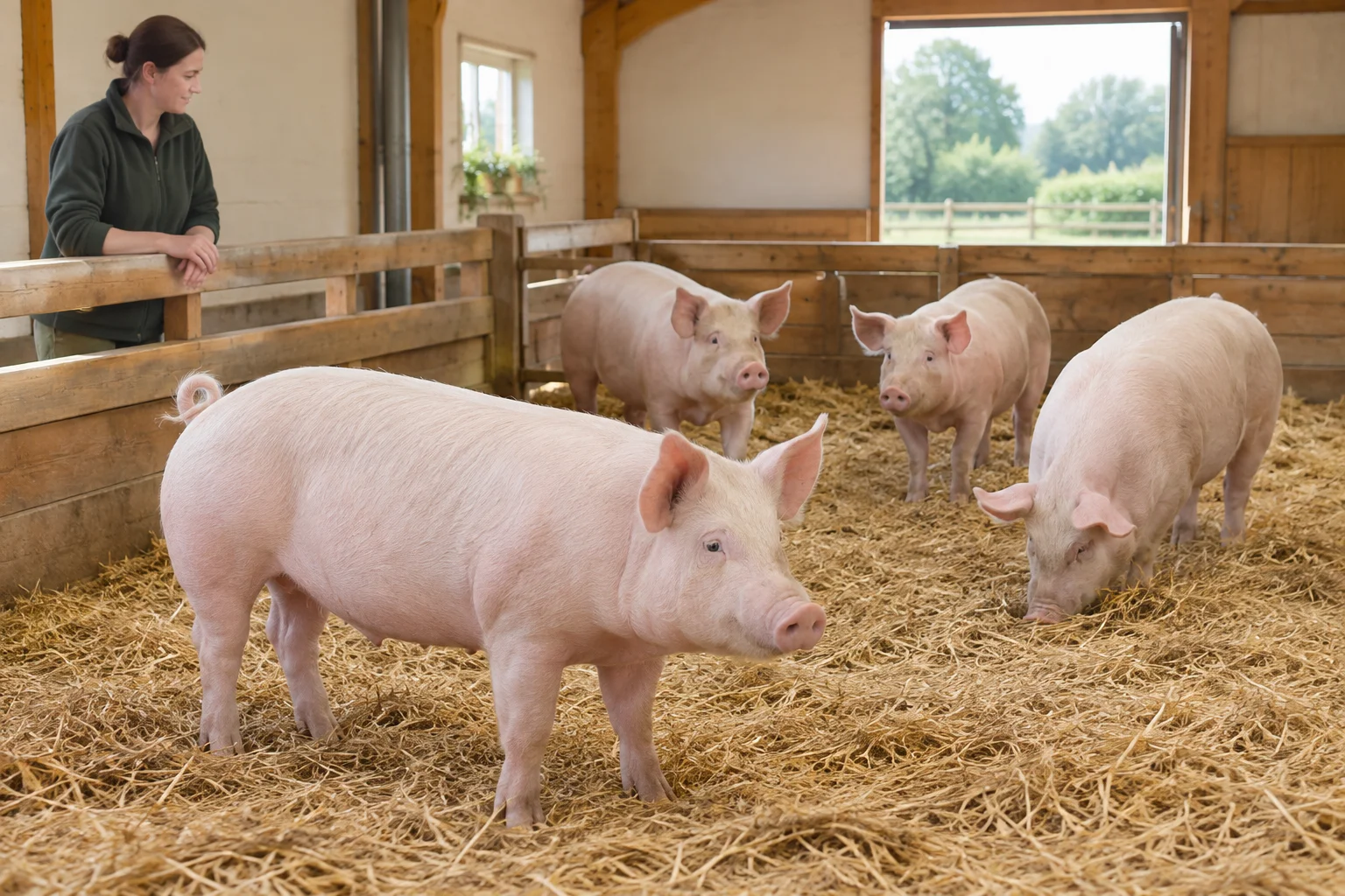 Une femme regarde par dessus une clôture en bois quatre porcs de couleur claire dans une porcherie avec de la paille.