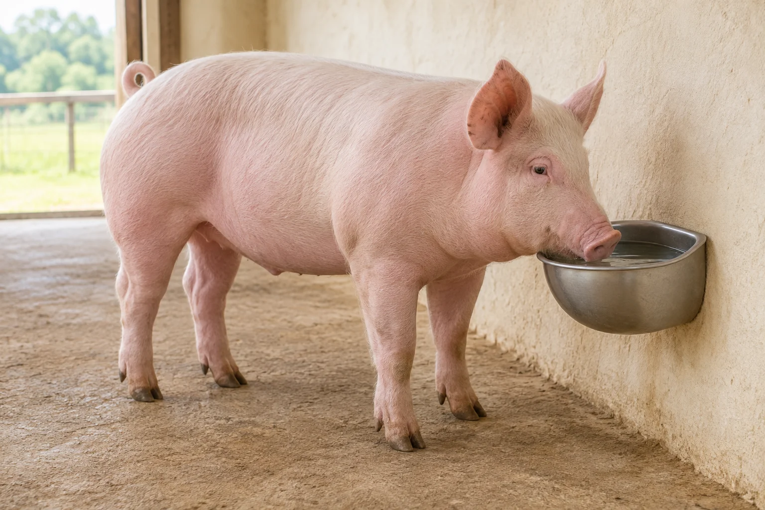 Porc rose près d’un abreuvoir mural contenant de l’eau.