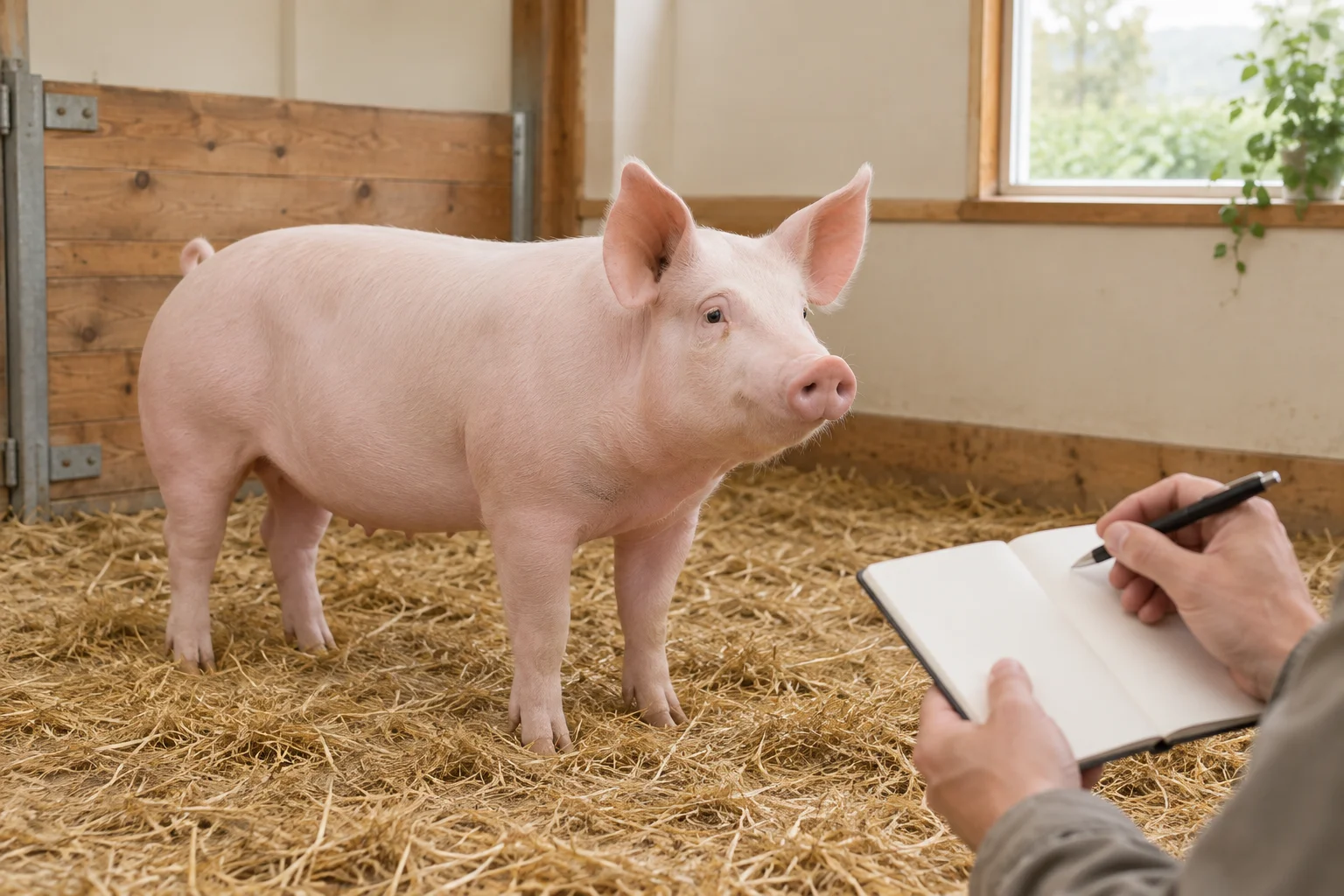 Un porc rose se tient sur de la paille dans une porcherie, tandis qu’une personne tient un stylo en l’air, à l’aplomb d’un carnet vierge.