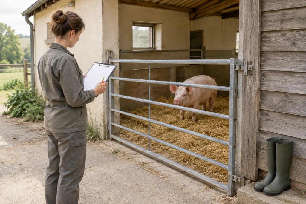 Une femme tenant un porte documents vide se tient à l’extérieur d’un portail fermé. Derrière celui ci, un porc se trouve dans un bâtiment d’élevage garni de paille ; des bottes en caoutchouc sont posées à côté du portail.
