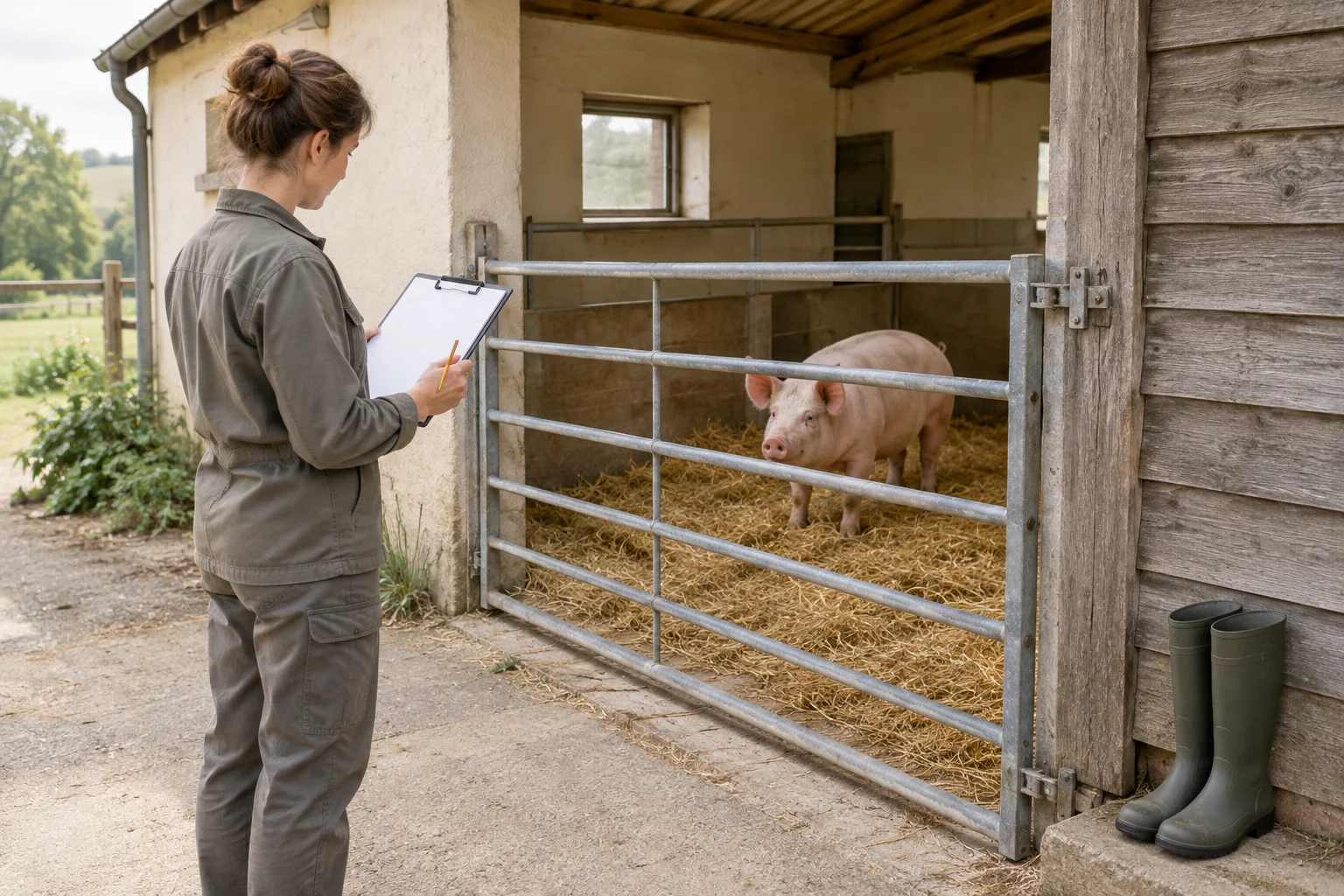 Une femme tenant un porte documents vide se tient à l’extérieur d’un portail fermé. Derrière celui ci, un porc se trouve dans un bâtiment d’élevage garni de paille ; des bottes en caoutchouc sont posées à côté du portail.