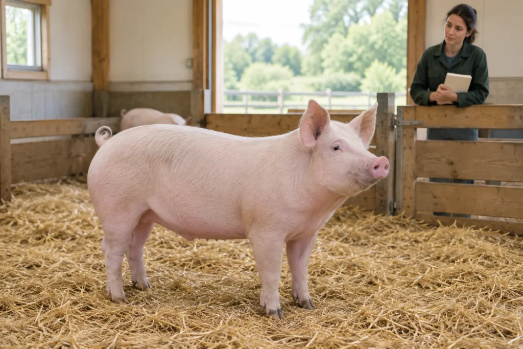 Un porc rose clair se tient sur de la paille dans une étable en bois. Derrière une clôture, une femme l’observe, un carnet fermé à la main.