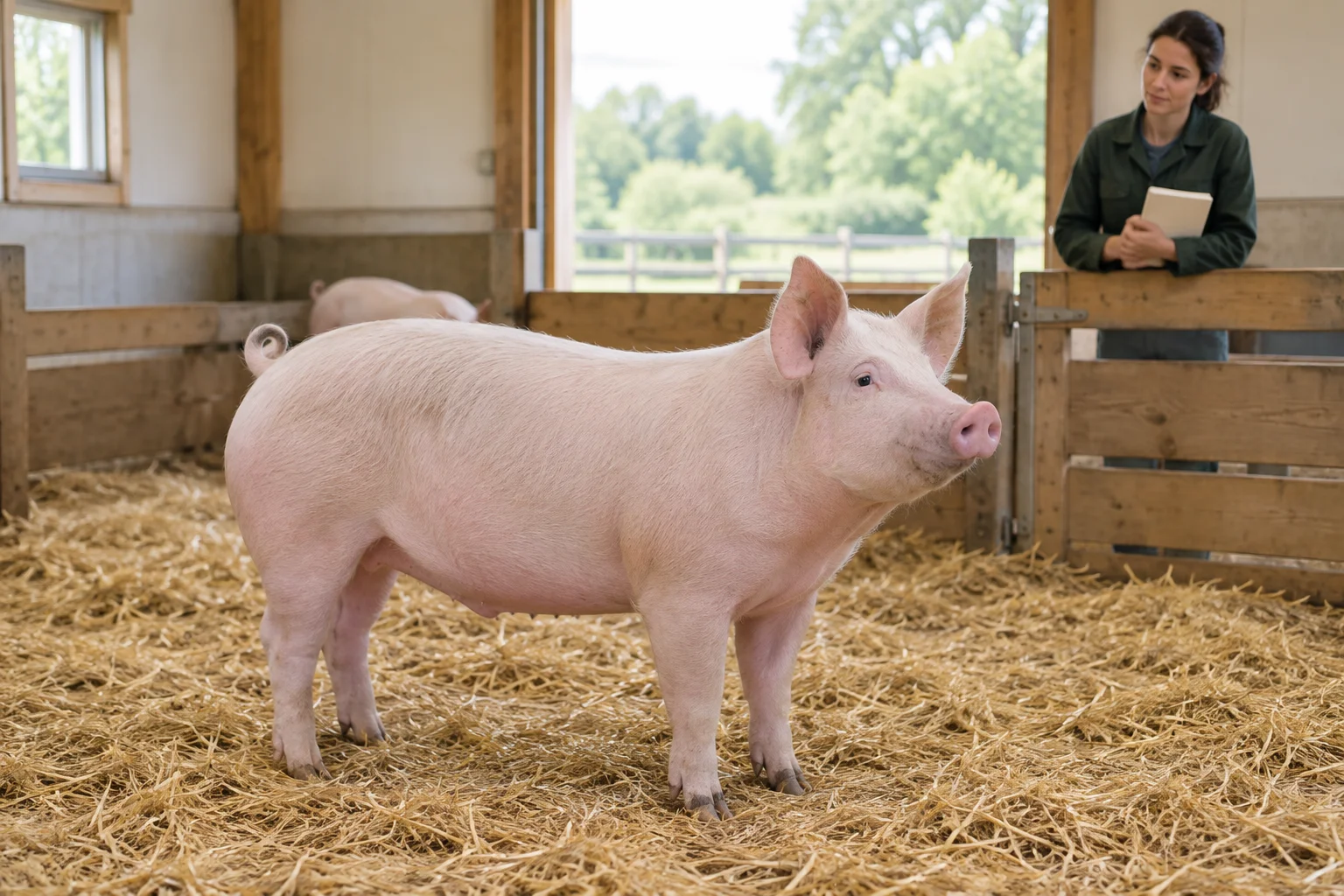 Un porc rose clair se tient sur de la paille dans une étable en bois. Derrière une clôture, une femme l’observe, un carnet fermé à la main.