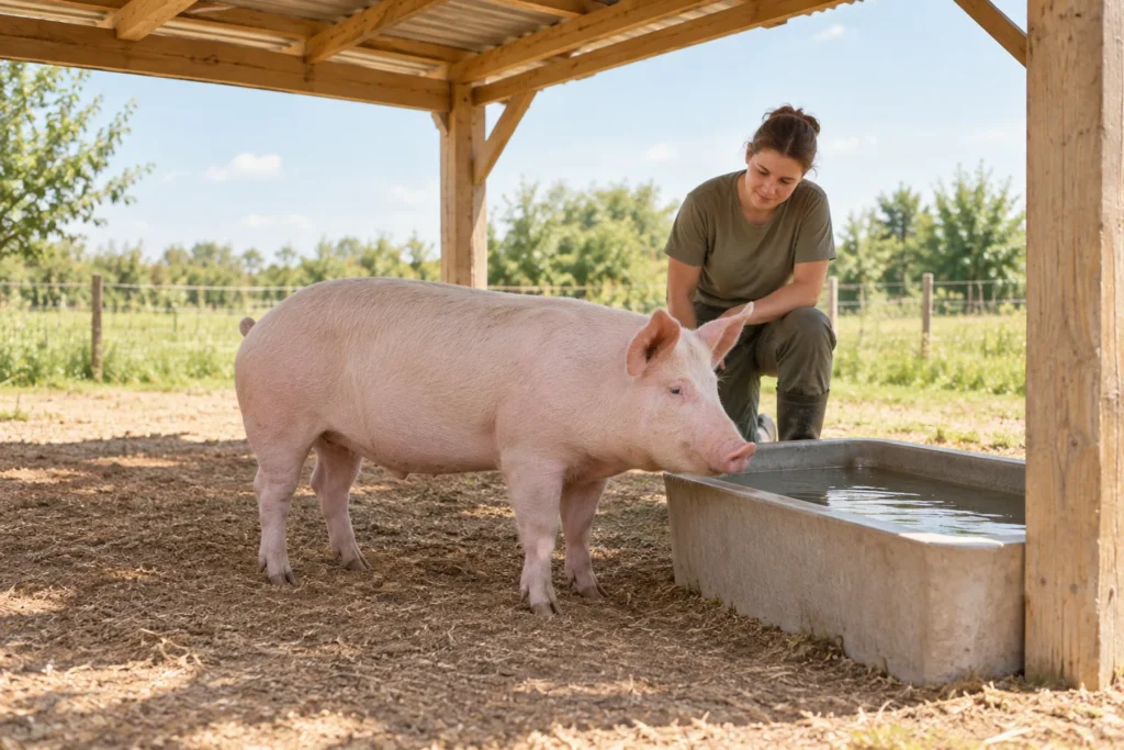 Un porc rose pâle se tient sous un abri ouvert en bois, près d’un abreuvoir, tandis qu’une personne chargée des soins l’observe.