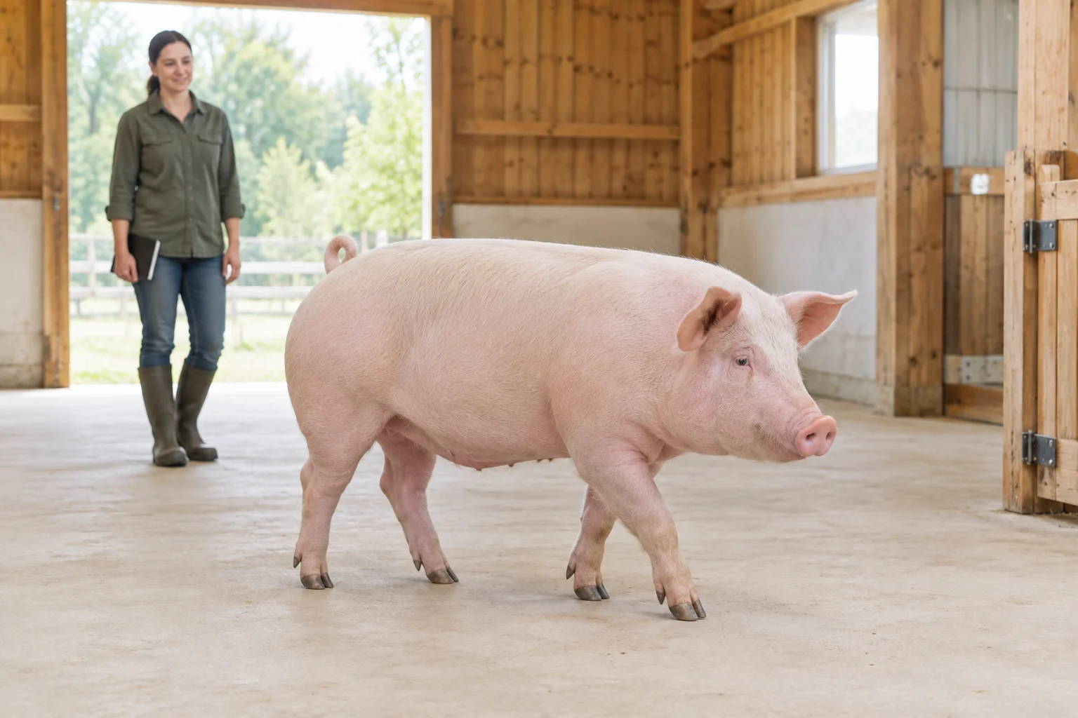 Un porc rose marche dans un bâtiment d’élevage clair tandis qu’une personne chargée de ses soins l’observe à distance. Ses quatre pattes et ses onglons sont visibles.