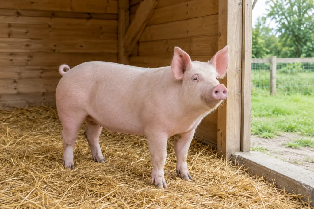 Un porc rose pâle se tient sur de la paille dans un abri en bois, près d'un passage ouvert donnant sur un espace extérieur vert et clôturé.