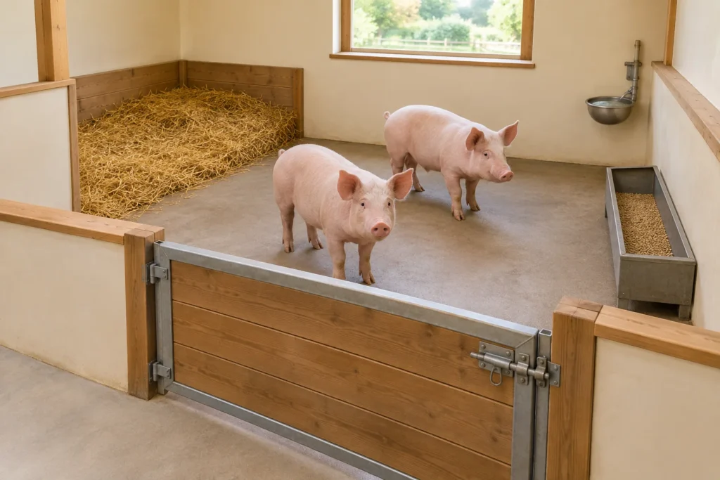 Deux porcs dans un enclos avec une entrée qui peut être fermée, de la paille dans un coin de repos et des récipients séparés pour l’aliment et l’eau.