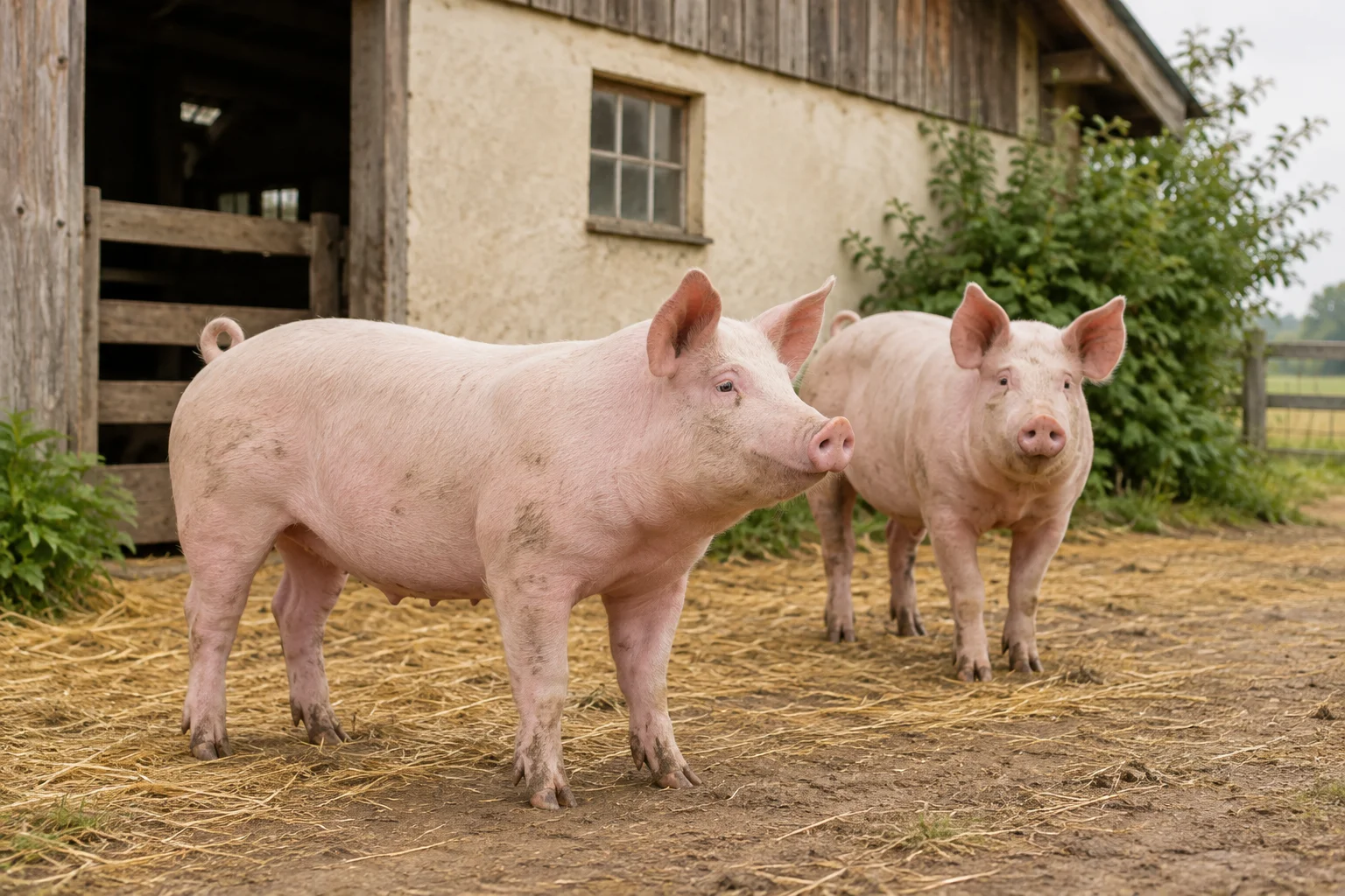 Deux porcs roses se tiennent dans une cour couverte de paille, devant un bâtiment agricole.