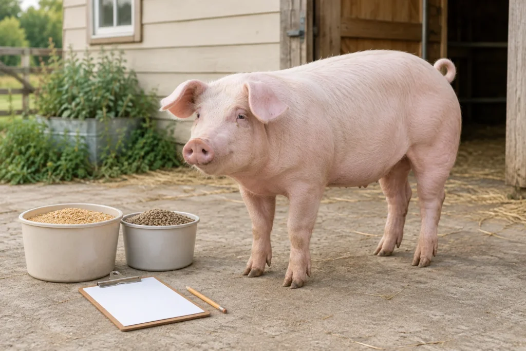 Un porc rose clair se tient dans une cour à côté de deux bacs de nourriture, d’un porte bloc avec une feuille vierge et d’un crayon.