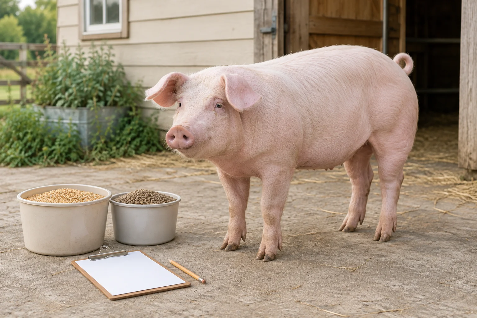 Un porc rose clair se tient dans une cour à côté de deux bacs de nourriture, d’un porte bloc avec une feuille vierge et d’un crayon.