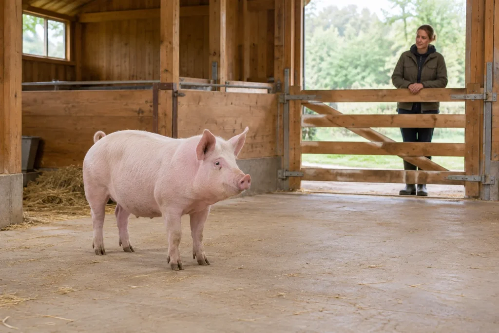 Un porc adulte rose se tient dans une étable spacieuse tandis qu’une personne chargée des soins l’observe depuis l’autre côté d’une barrière en bois.