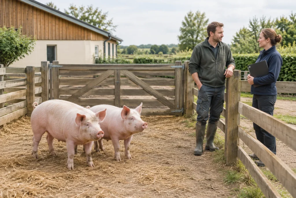 Deux porcs dans un enclos, avec deux personnes qui discutent près de la clôture. L’une d’elles tient un porte documents à pince.