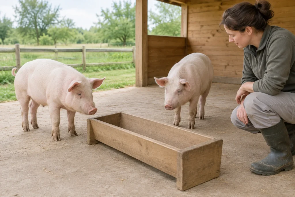 Deux porcs se tiennent près d’une mangeoire en bois vide, tandis qu’une femme l’examine.