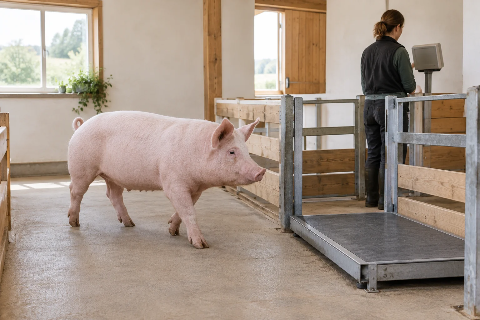 Un porc se dirige vers une plateforme de pesée tandis qu’un employé se tient près de l’indicateur de pesée.