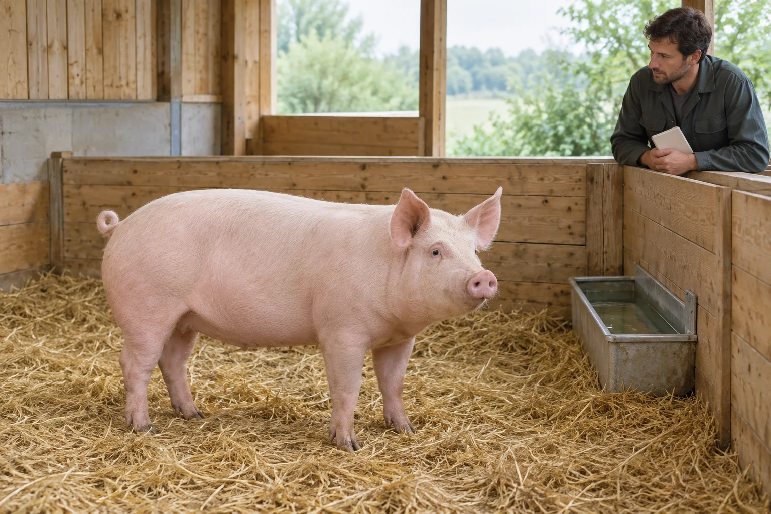 Un porc rose se tient sur de la paille dans un enclos en bois. Une personne qui s’en occupe l’observe de l’autre côté de la séparation, un carnet fermé à la main.