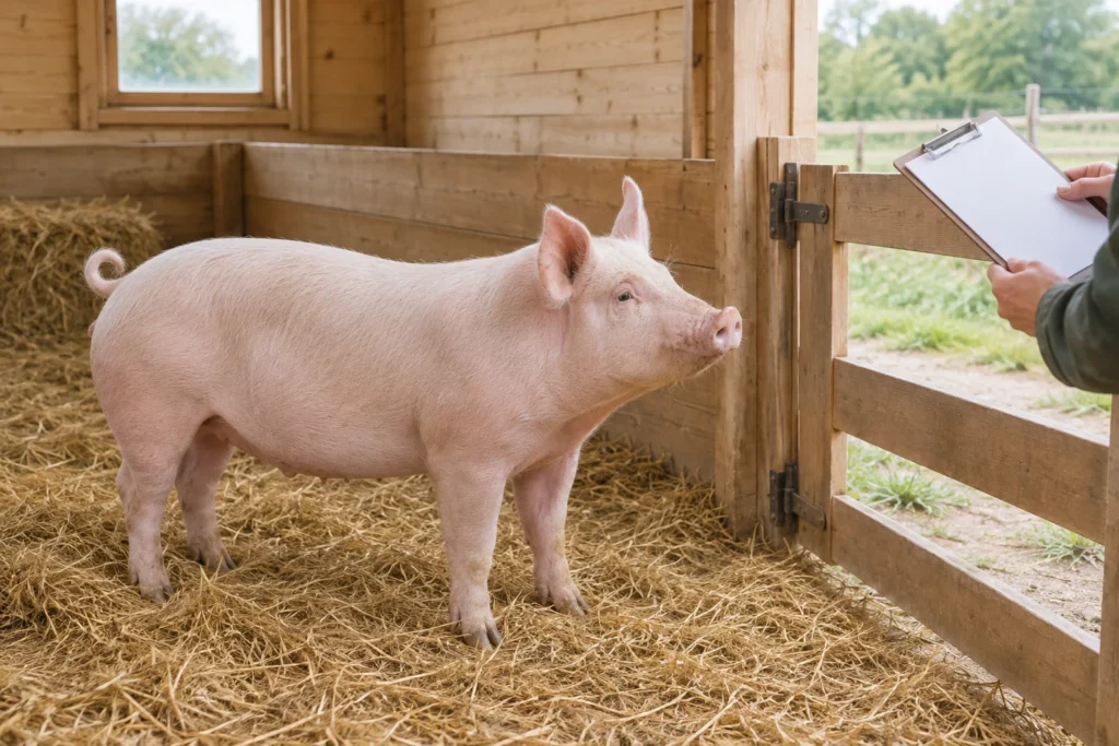 Un porc rose pâle se tient sur de la paille dans une étable en bois. Près de la clôture, une personne tient un porte bloc muni d’une feuille vierge.