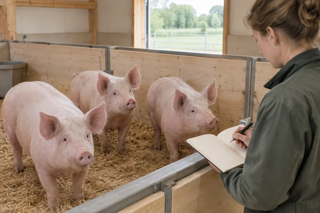 Trois porcs roses se tiennent dans une porcherie tandis qu’une personne chargée des animaux regarde la case, un carnet ouvert et un stylo à la main.