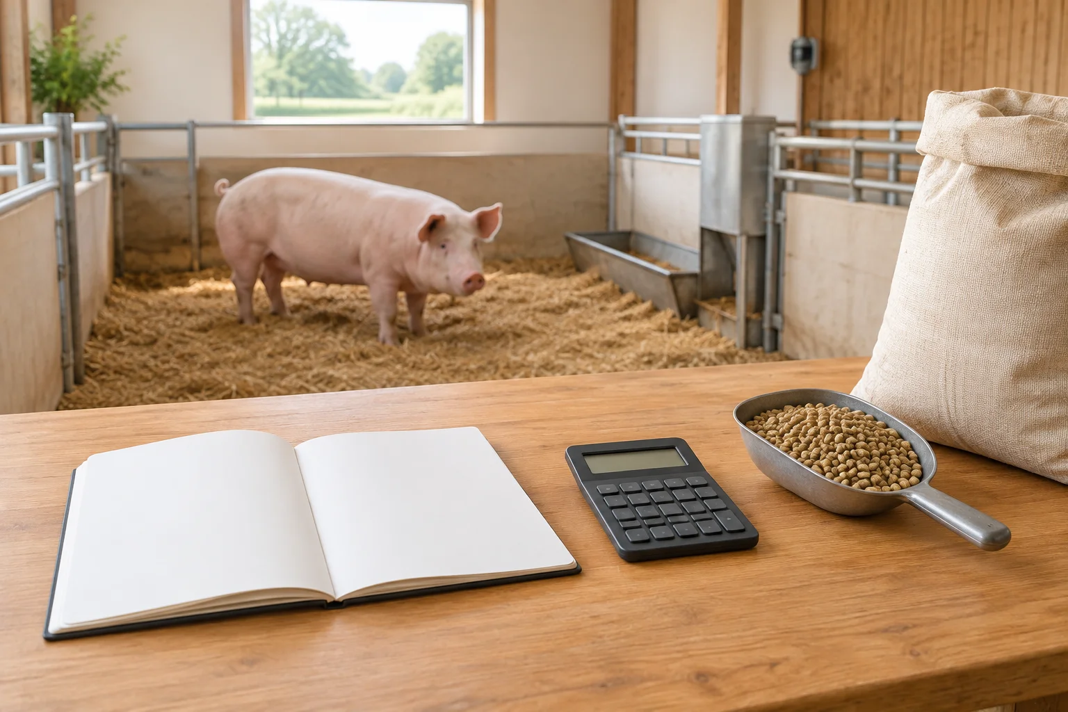 Porc rose dans un bâtiment d’élevage garni de paille ; au premier plan se trouvent un carnet, une calculatrice et de l’aliment.