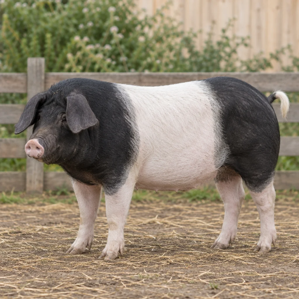 Un porc adulte noir et blanc aux oreilles tombantes se tient dans une cour devant une clôture en bois, ses quatre pattes visibles.